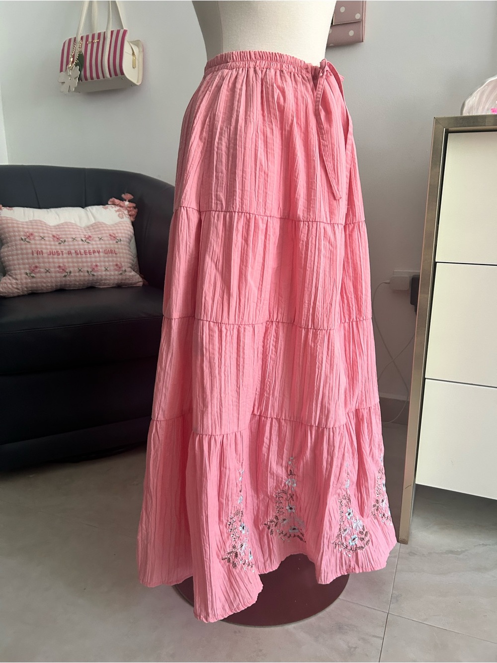 Pink Vintage Y2k Tiered Maxi Skirt with Floral Embroidery Fairycore Adjustable - Picture 2 of 5